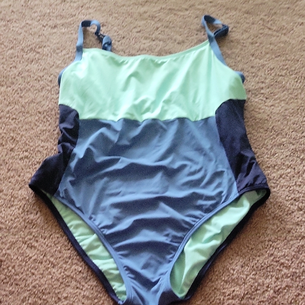 L.L. Bean Women's One Piece Swimsuit - Light Green and Navy